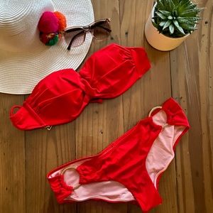 red bralette bikini top and matching bottom.
